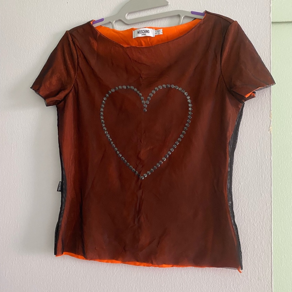 Moschino Orange Wit Black Mesh On Top Fitted Embellished Short Sleeve Tee